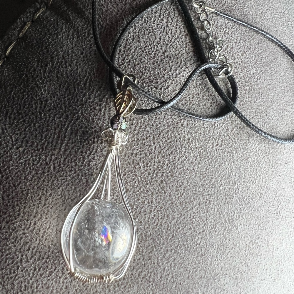 #18 Clear Quartz Mini Sphere w Rainbows & Cloisonné Bead Silvertone Hand Wrapped